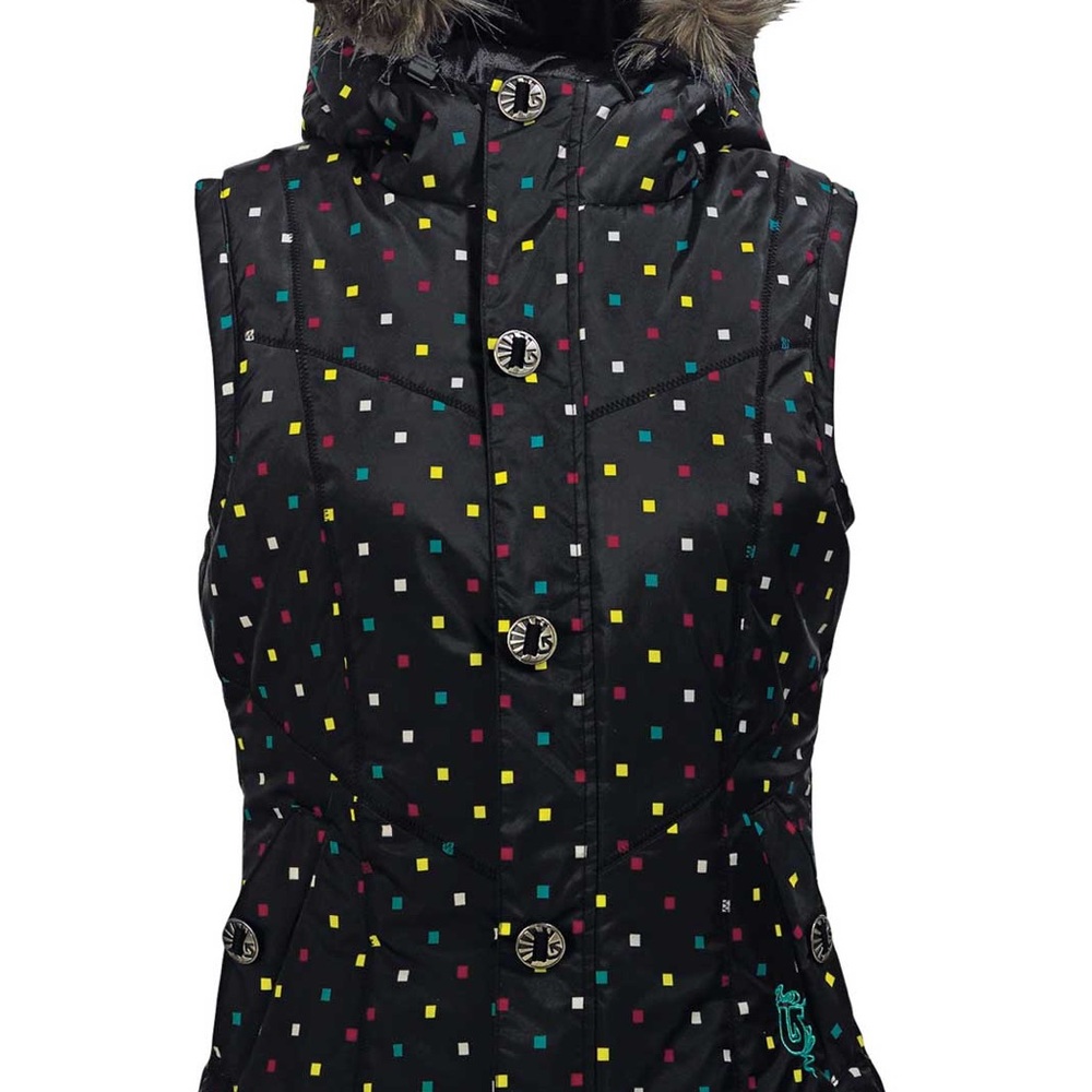 Burton Dryride Puffer Vest M Black Multi Faux Fur Hooded Quilted Snow Ski Core